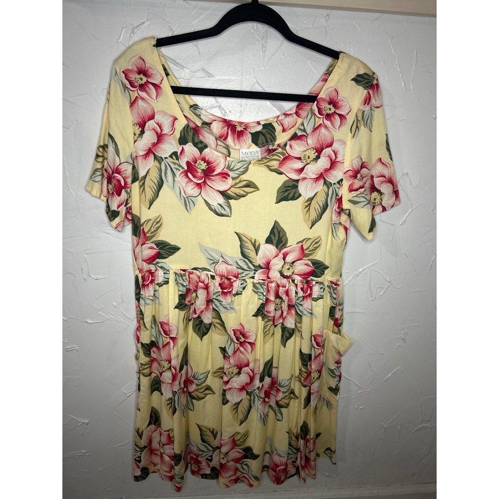 Vintage Moda Intl Yellow Floral Rayon Dress Cottagecore‎ Pockets Mini Large